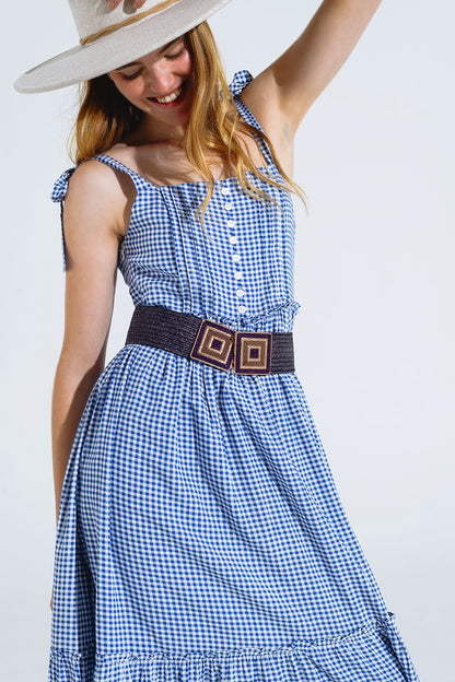 Vestido de guinga azul y blanco en línea A con tirantes ajustables
