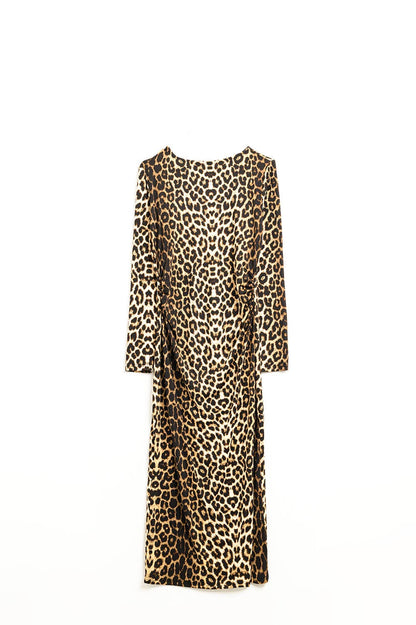 Vestido de Spandex con estampado de leopardo y detalle de pliegues en la cintura