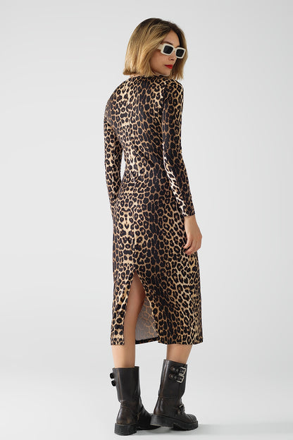 Vestido de Spandex con estampado de leopardo y detalle de pliegues en la cintura