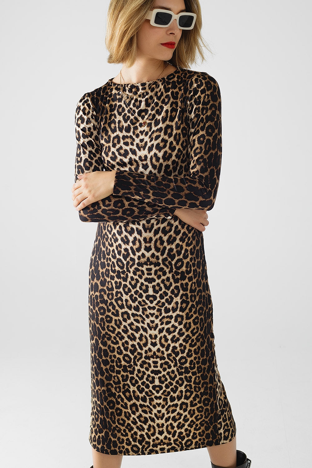 Vestido de Spandex con estampado de leopardo y detalle de pliegues en la cintura