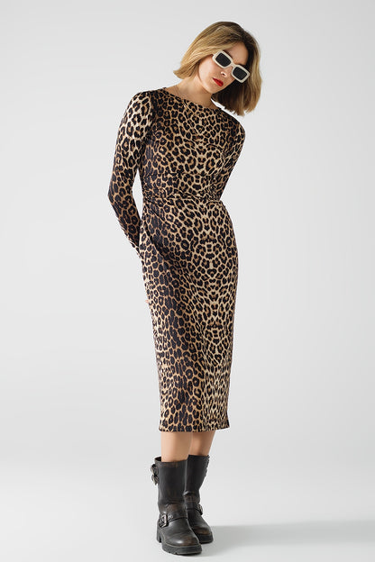 Vestido de Spandex con estampado de leopardo y detalle de pliegues en la cintura