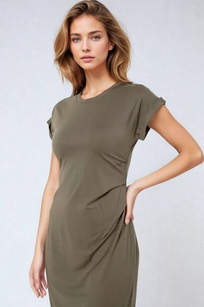 Q2 Vestido de tencel elástico color caqui sin mangas