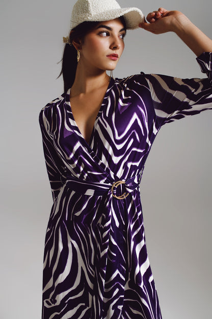Vestido envolvente con cinturón Midi en estampado de cebra morado y crema