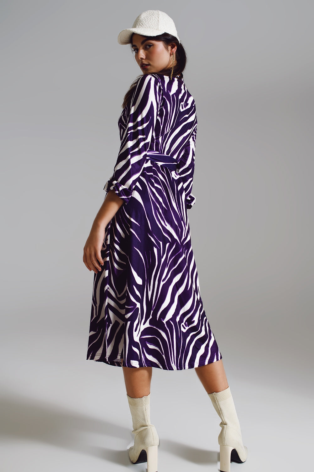 Vestido envolvente con cinturón Midi en estampado de cebra morado y crema