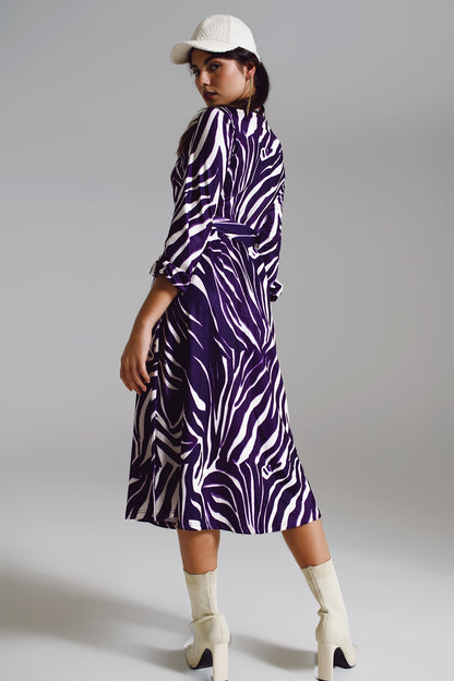 Vestido envolvente con cinturón Midi en estampado de cebra morado y crema