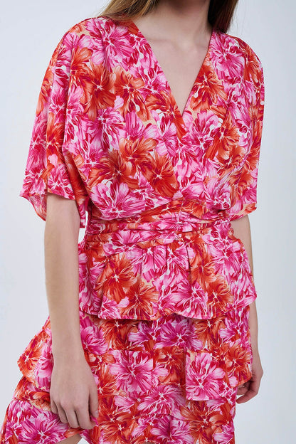 Vestido Estampado Floral En Tonos Rosas Naranjas Y Rojos