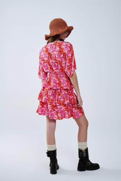 Vestido Estampado Floral En Tonos Rosas Naranjas Y Rojos