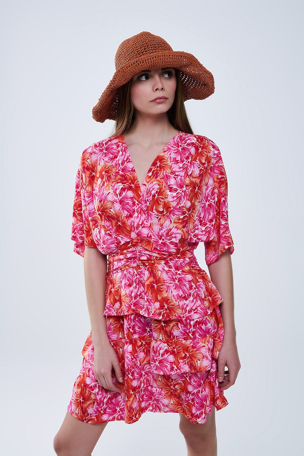 Vestido Estampado Floral En Tonos Rosas Naranjas Y Rojos