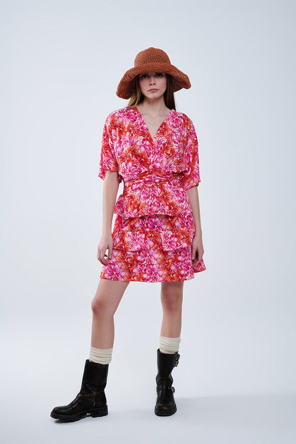 Vestido Estampado Floral En Tonos Rosas Naranjas Y Rojos