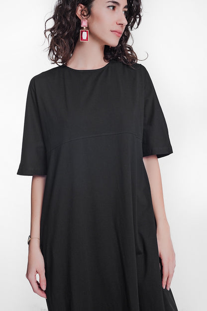 Vestido estilo camisero de popelin con cuello redondo en color negro