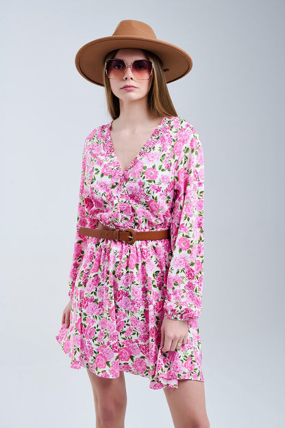 Vestido floral de cuello en V con flores rosas y detalles verdes