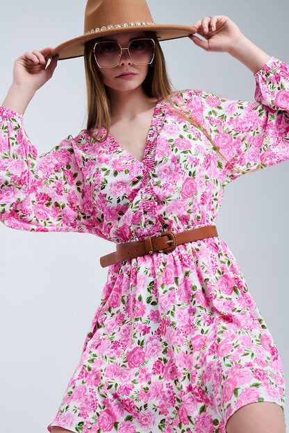 Vestido floral de cuello en V con flores rosas y detalles verdes