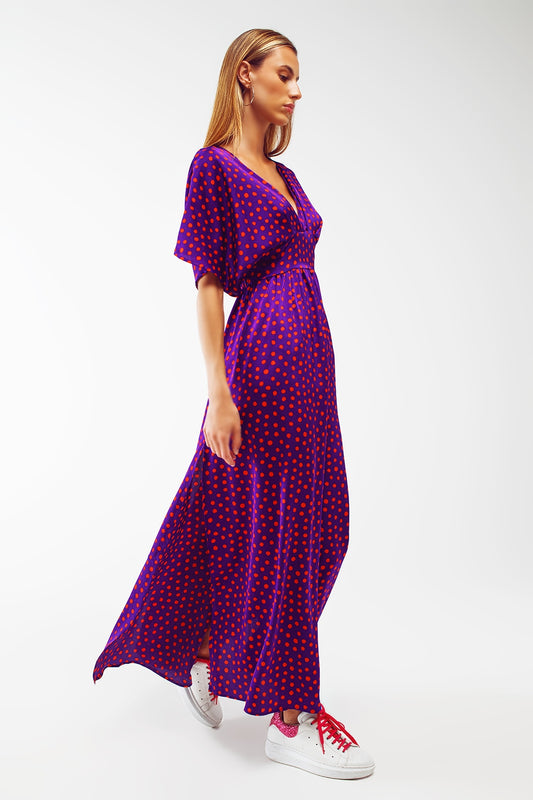 Q2 Vestido largo ajustado a la cintura con mangas de ángel en lunares morado