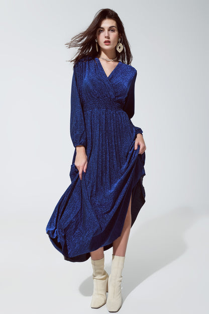 Q2 Vestido largo azul brillante entallado de talle alto y cuello en V