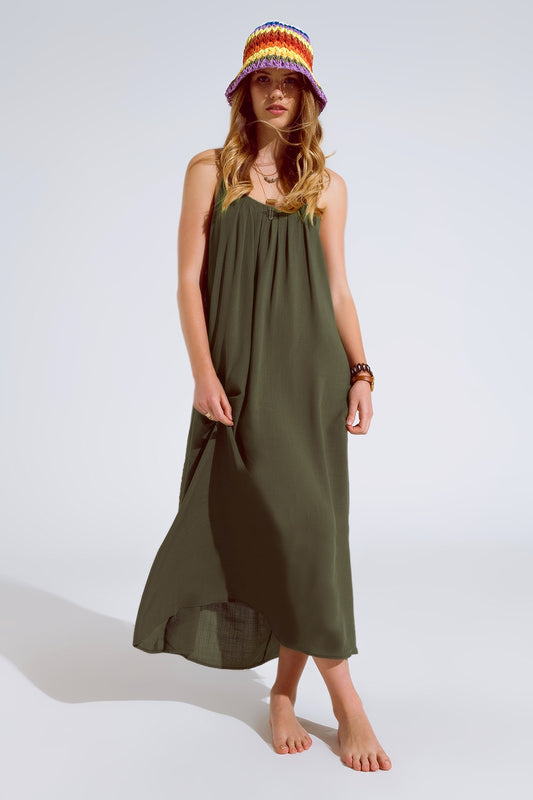 Q2 Vestido largo caqui fluido con tirantes y detalles de cuentas