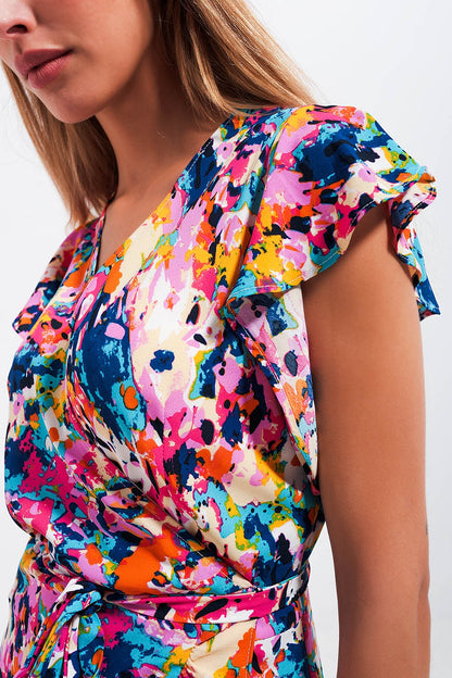 Vestido largo color azul con diseño cruzado volante y estampado