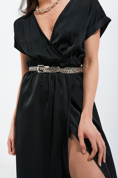 Vestido largo color negro de manga corta en satén