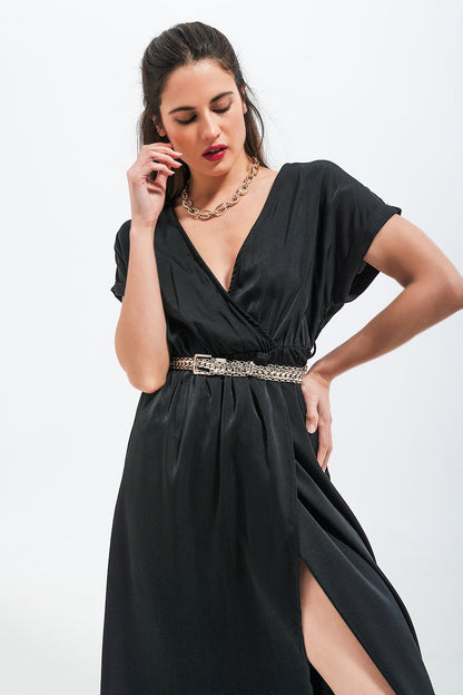 Vestido largo color negro de manga corta en satén