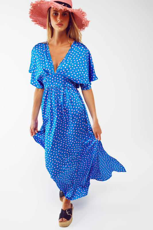 Q2 Vestido largo con cintura ajustada y mangas de ángel en lunares azules