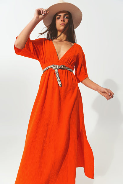 Vestido largo con cuello en V texturizado en naranja