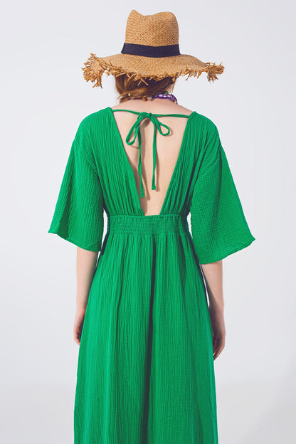 Vestido largo con cuello en V texturizado en verde