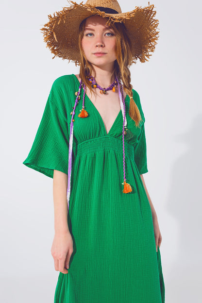 Vestido largo con cuello en V texturizado en verde