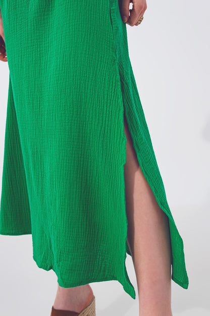 Vestido largo con cuello en V texturizado en verde