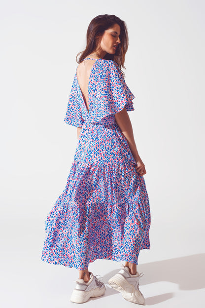 Vestido largo con espalda abierta y lazo en estampado morado