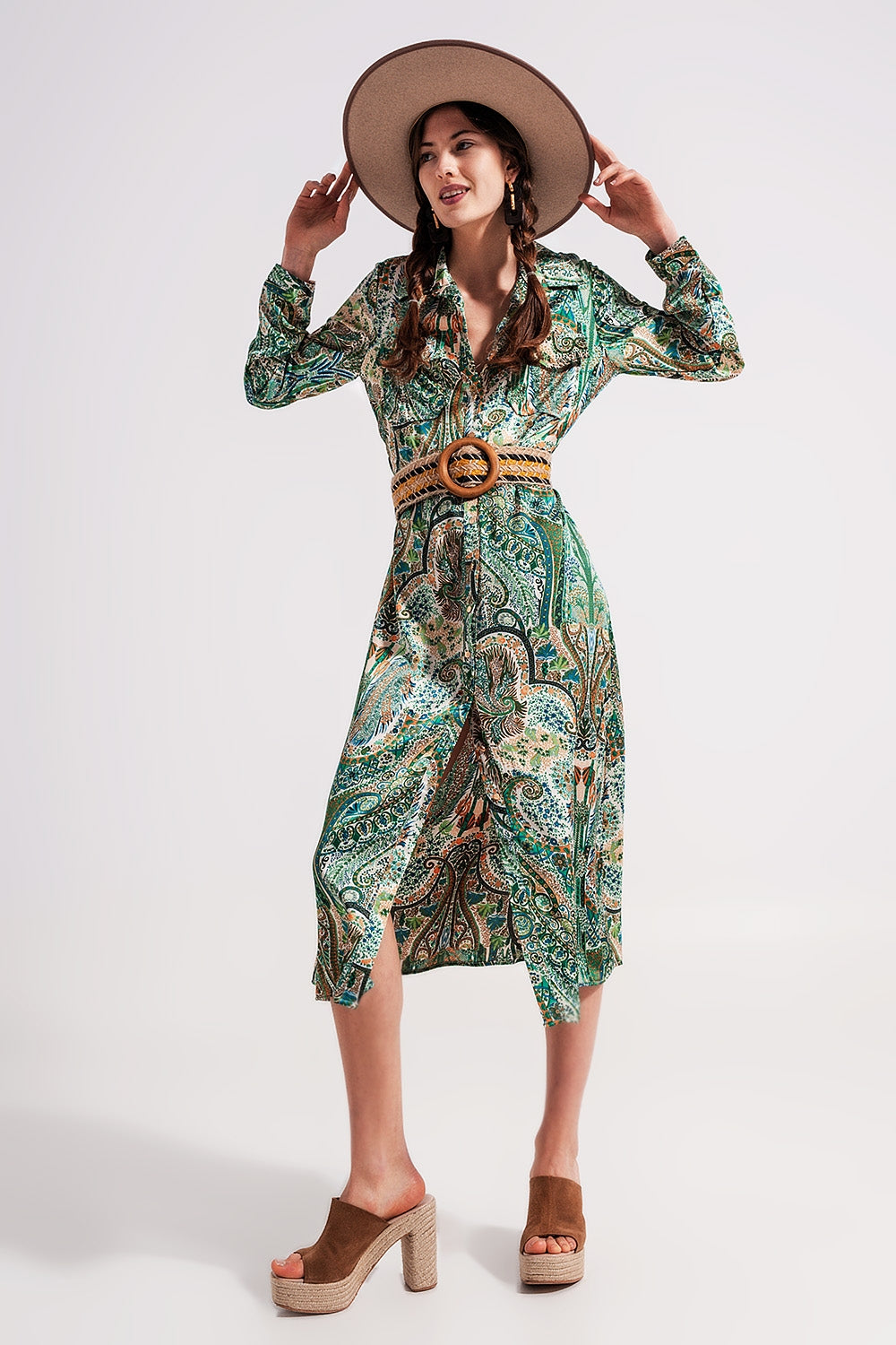 Vestido largo con estampado de cachemir verde