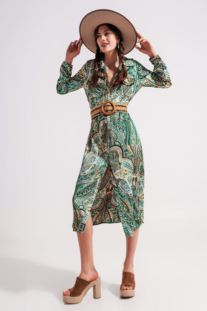 Vestido largo con estampado de cachemir verde
