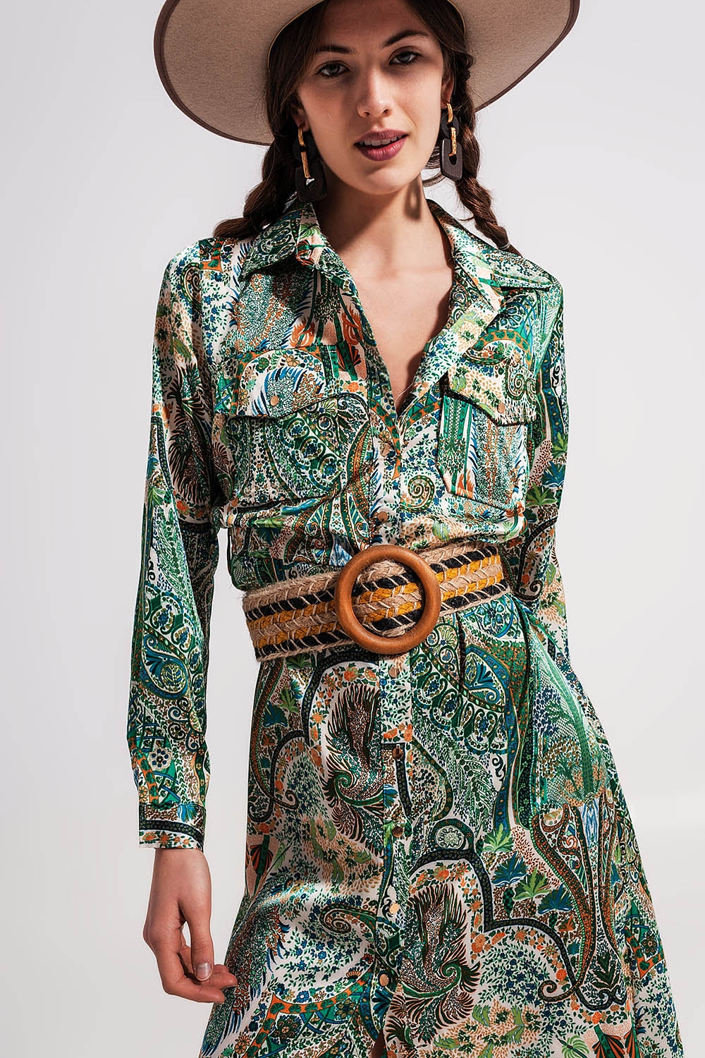 Vestido largo con estampado de cachemir verde