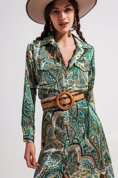 Vestido largo con estampado de cachemir verde