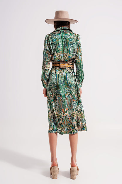 Vestido largo con estampado de cachemir verde