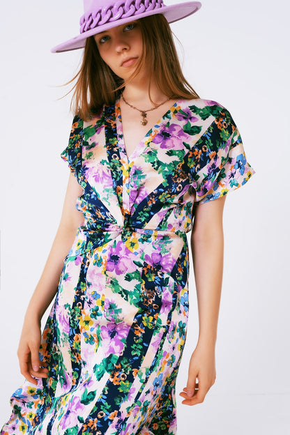 Vestido largo con estampado de flores y nudo frontal en multicolor morado y verde