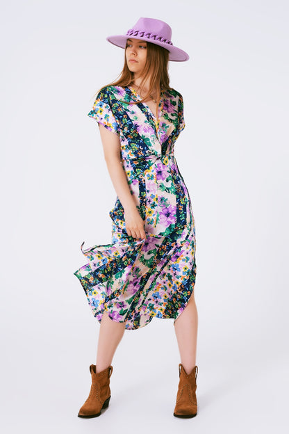 Vestido largo con estampado de flores y nudo frontal en multicolor morado y verde