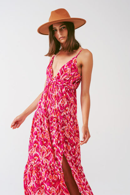 Vestido largo con estampado floral y escote en V en rosa