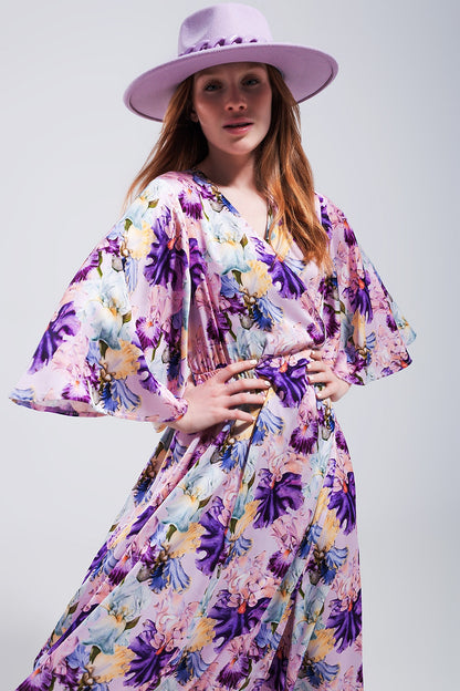 Vestido largo con estampado floral y mangas con vuelo morado