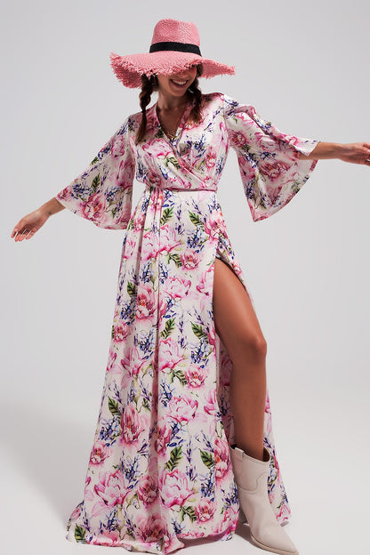 Q2 Vestido largo con estampado floral y mangas con vuelo rosa