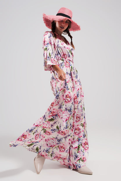Vestido largo con estampado floral y mangas con vuelo rosa