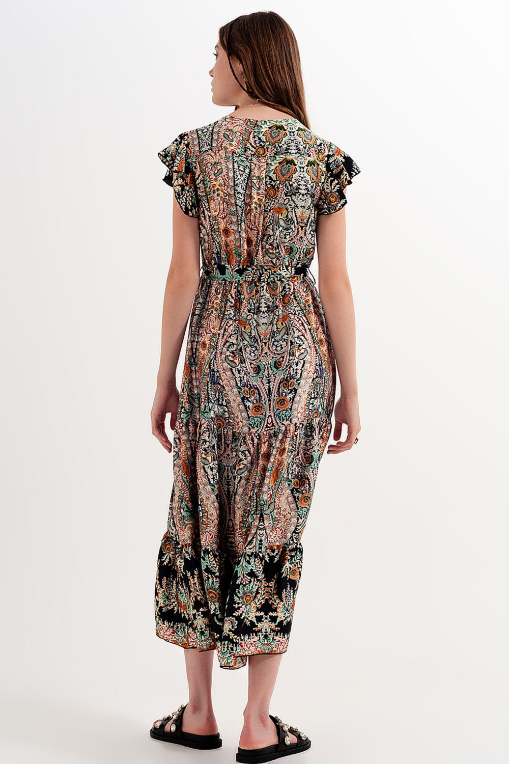 Vestido largo con falda escalonada y estampado de cachemir