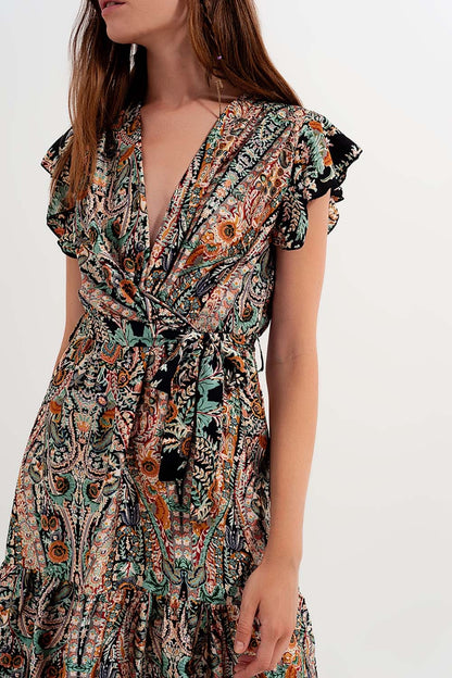 Vestido largo con falda escalonada y estampado de cachemir