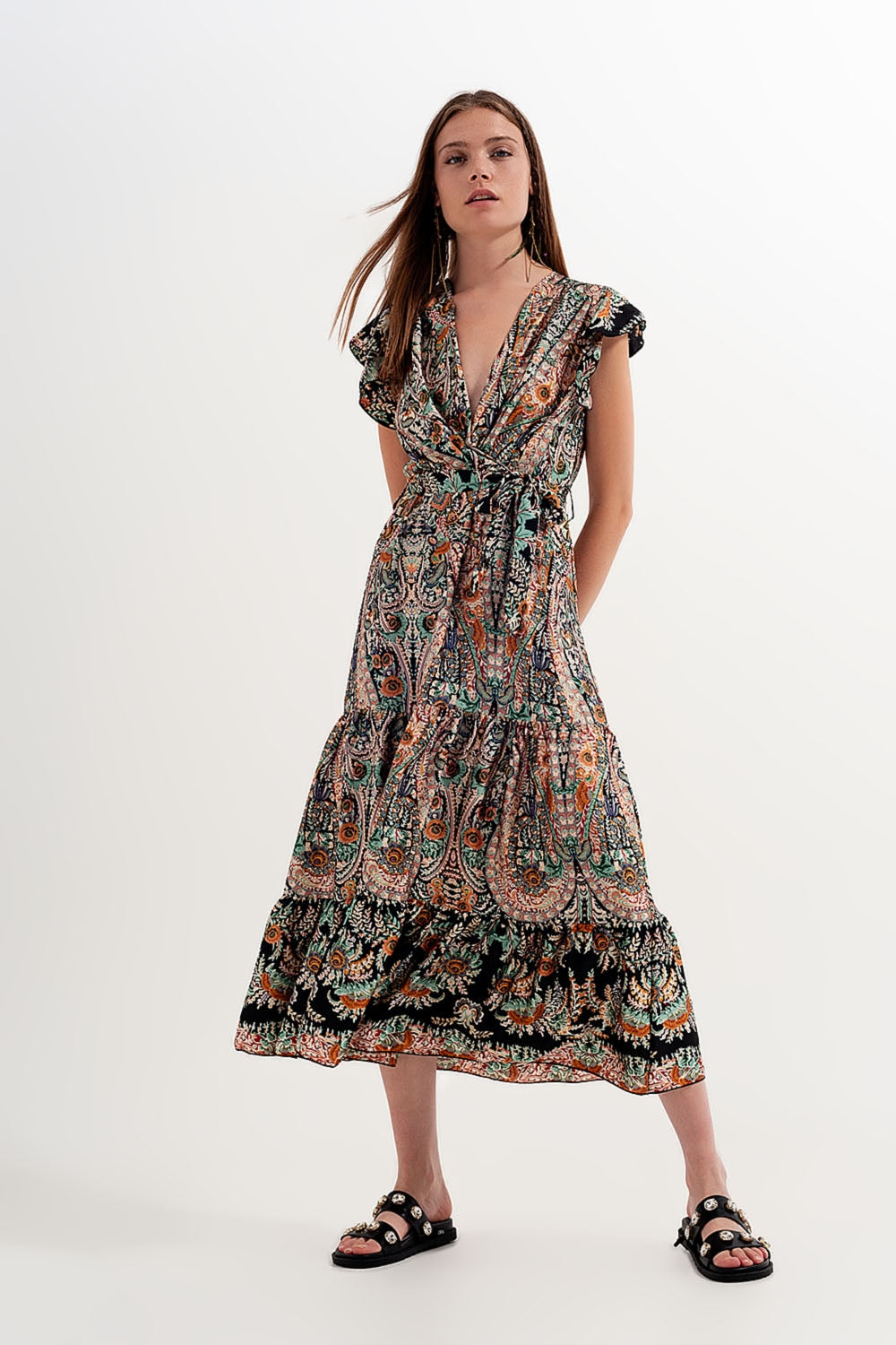 Vestido largo con falda escalonada y estampado de cachemir