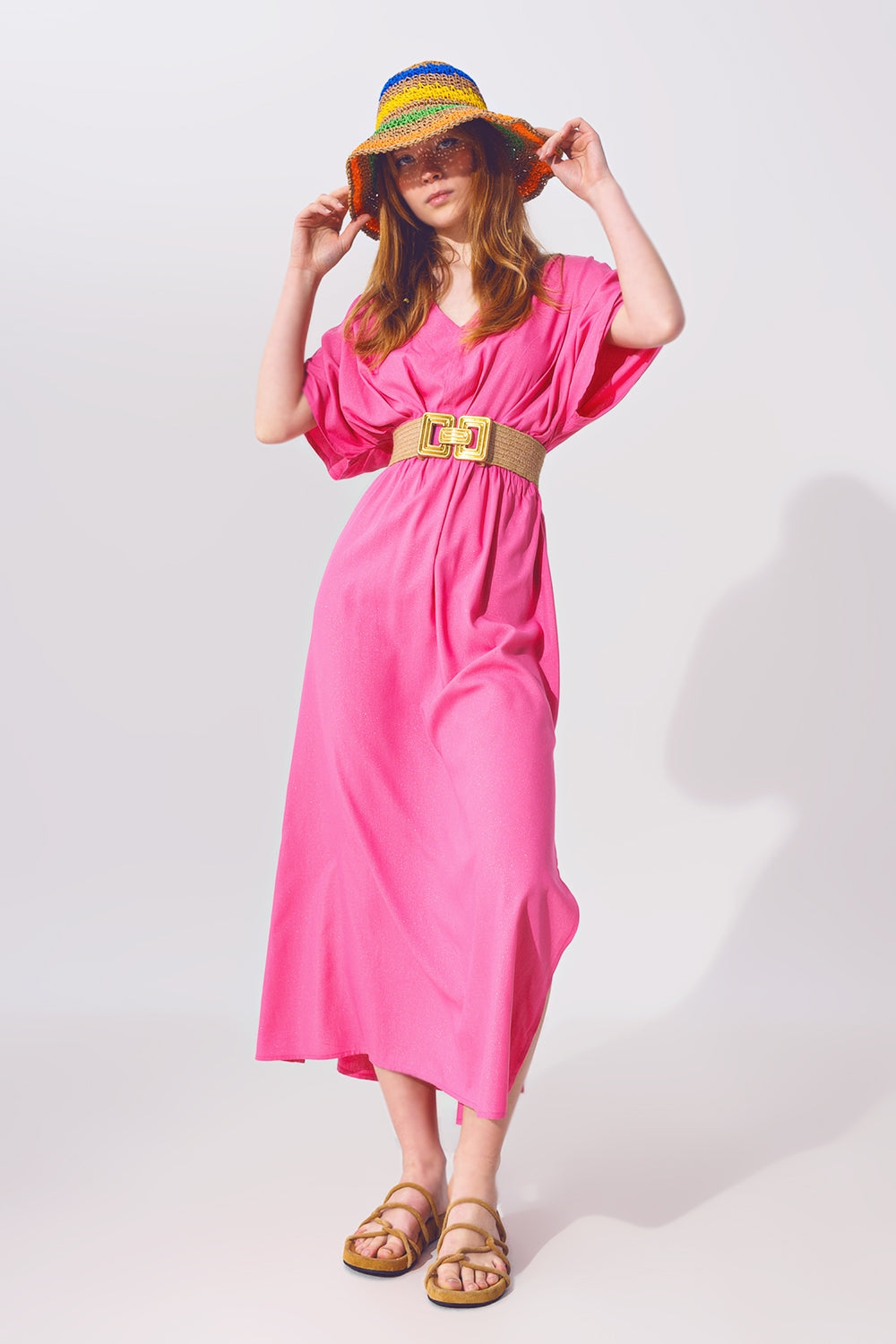 Vestido largo con manga kimono en rosa