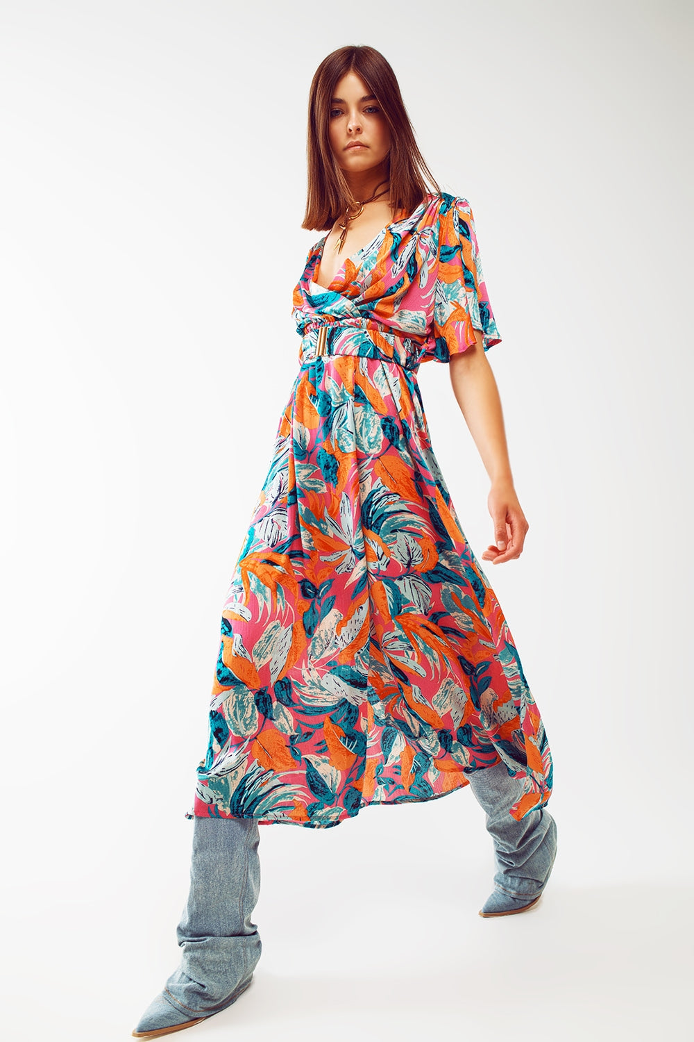 Q2 Vestido largo cruzado con estampado floral y cinturón en naranja