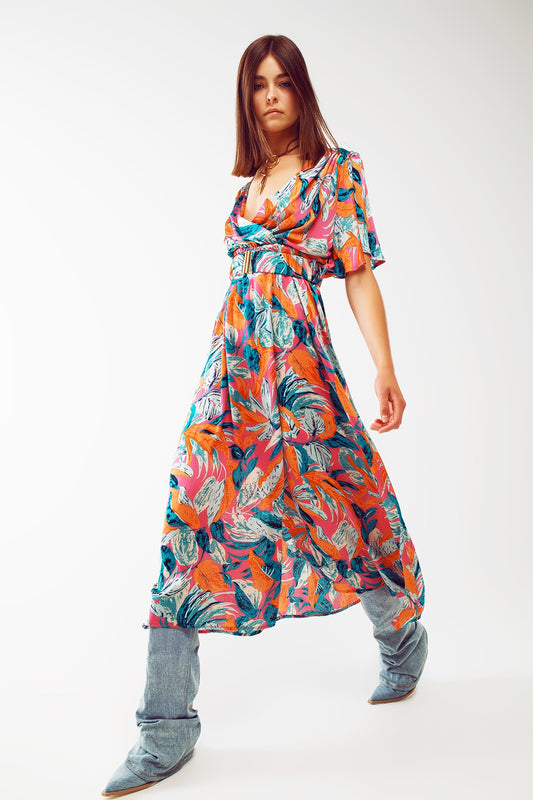 Q2 Vestido largo cruzado con estampado floral y cinturón en naranja