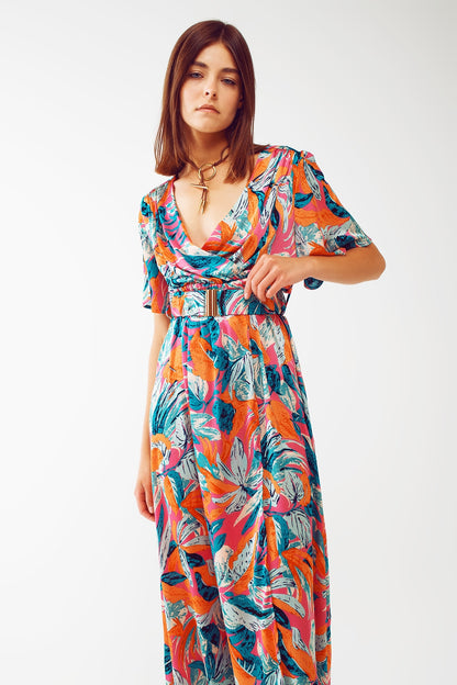 Vestido largo cruzado con estampado floral y cinturón en naranja