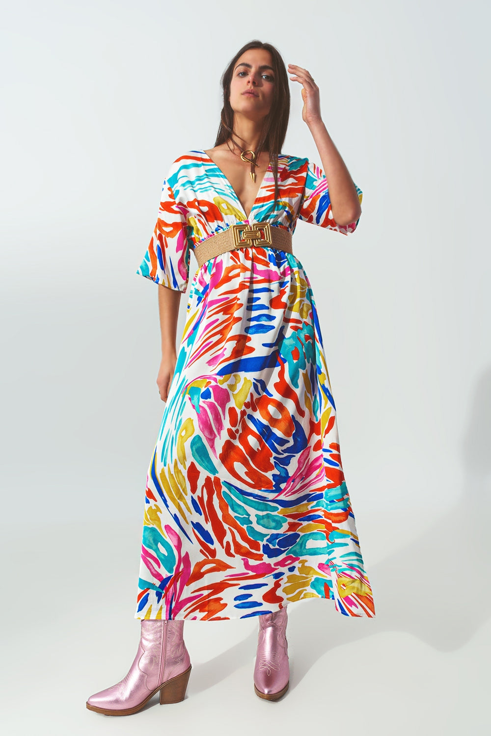 Vestido largo Cuello V Estampado Multicolor