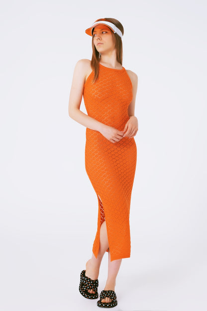 Vestido largo de crochet en naranja