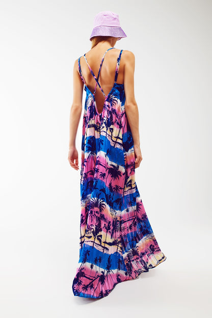 Vestido largo de espalda abierta y relajada con estampado azul tropical
