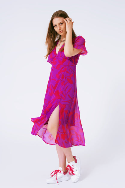 Vestido largo de gasa estampado de flores en manga corta